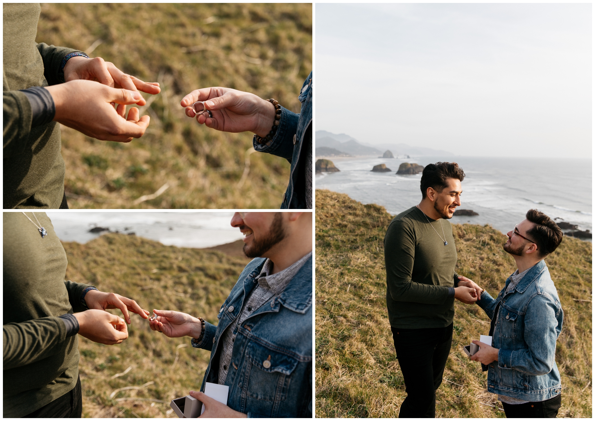 Cannon Beach Engagement With Brittney Hyatt Photography Seattle Wedding and Elopement Photographer. Same-sex couple proposes to each other at Ecola State Park on a cliff side overlooking Cannon Beach. 